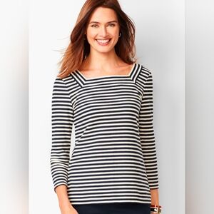 Talbots Square Neck Texture Navy Blue White Stripe 3/4 Sleeve Top Sz Medium NWOT